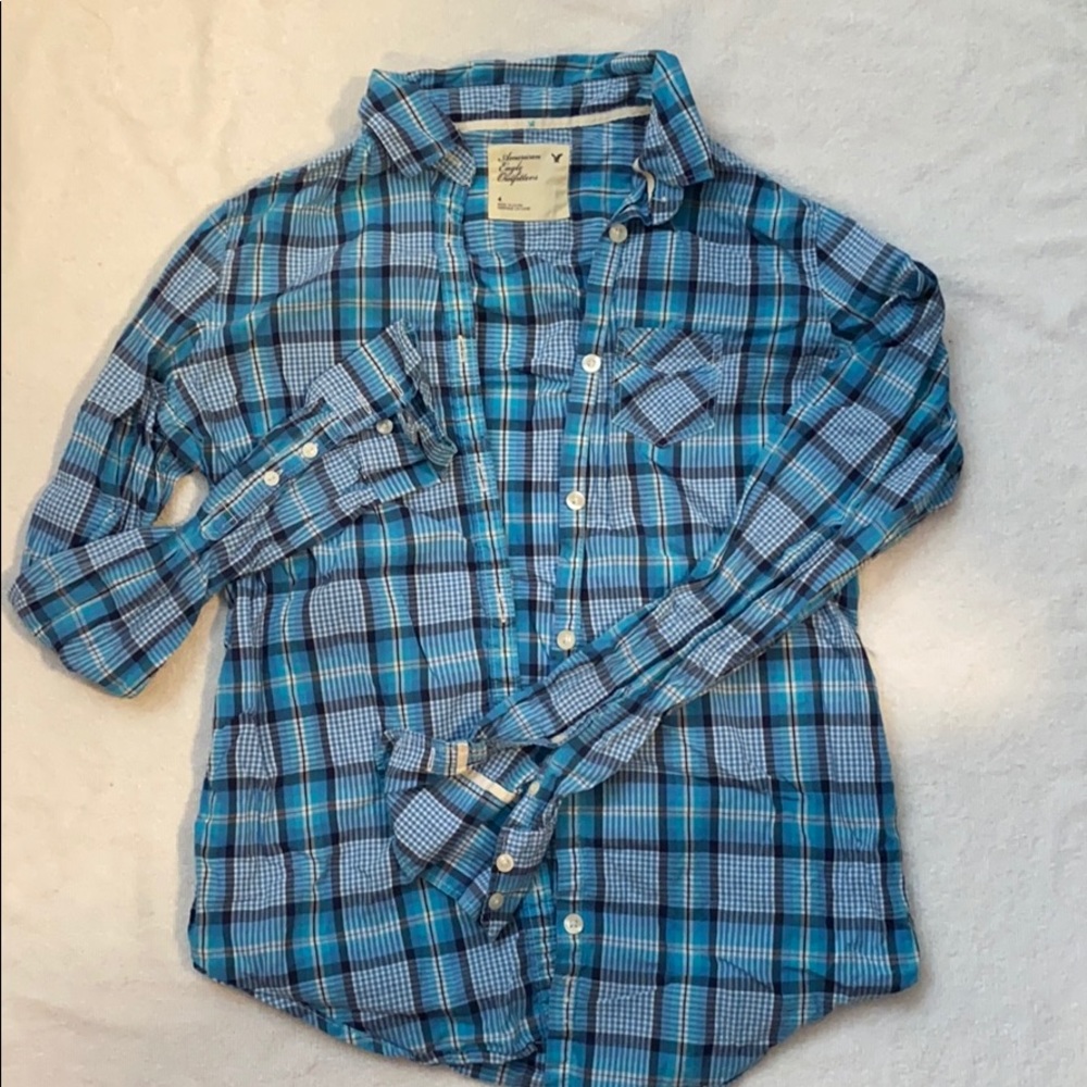 American Eagle Light Sky Blue Plaid Shirt